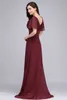 Wholesale Price Dark Red Long Chiffon Evening Dresses V Neck Low Back Flowy A Line Evening Party Gowns with Speaker Sleeves Cheap Online