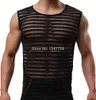 Men's Tank Tops Wholesale- Men Sexy Male Sex Underwear Stripe See Through Gay Clothing Mesh Shirts Man Clothes Undershirts Vest