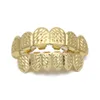 Hip Hop Custom Fit Gold Color Teeth Four Hollow Open Face Gold Teeth GRILLZ Caps Top & Bottom Grill set with Rope Chain