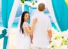 Romantischer Sommer-Strand-Hochzeitshintergrund, Fotostudio, blauer Himmel, Meer, Volant, Blumen, Bogen, Outdoor, malerische Fotografie, Hintergrund, 2,4 x 3 m