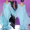 Light Sky Blue Chiffon Long Evening Dresses Long Sleeve V Neck Pleated Lace Applique Beaded High Quality 2023 Haute Couture Custom Gowns