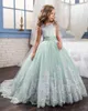 2020グリーンチュールビーズボールガウンフラワーガールドレスプリンセスノースリーブの花Pageant Gowns Girls Vestido Daminha