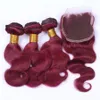 Burgund-rote brasilianische menschliche Haare webt mit Schließung frei Teil Körperwelle Wein rot 4x4 Spitzenverschluss mit 3bundles Erweiterungen Pure 99J Farbe