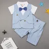2017 Summer Children Suit Boys Plaid Gentleman bow Fake two pieces Short sleeve Tops Tees+Plaid Shorts 2 Piece Sets Baby Kids Clothing