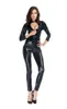 Sexy Femmes Noir Faux Cuir Catsuit Skinny Body Low Cut Combinaison Wetlook Crotchless Justaucorps Night Party Clubwear Costume S-5XL