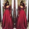 Burgundy Lace Se genom Prom Klänningar 2017 V Neck Sheer Långärmade Satin A Line Evening Gowns Black Girl Cocktail Party Dress