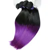 Dritto 1B Viola Ombre Capelli brasiliani vergini con chiusura superiore 4 pezzi / lotto Radice scura Viola Ombre 4x4 Chiusura frontale in pizzo con 3 pacchi