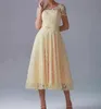 Hot Sale Yellow Bridesmaid Dresses Short Pretty New Lace Sheer Crew Neck Short Sleeves with Bow Sash In Tea Length A-line Zipper Prom Dress