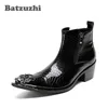 POP Rock Black Men Boots Pointed Iron Toe Zipper Men's Ankle Boots Fashion Autumn Leather Men Footwear bota masculina