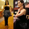 Black Feather Evening Dresses Sexy Bez Ramiączek Peplum Prom Dresses Sheath Długość Piętra Zipper Back Cocktail Formalna Party Dress