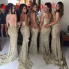 Blingbling Gold Sequins Mermaid Bridesmaid Dresses Mixed StylesExy Maid of Honor Gowns Sheer Back Side Split Prom Dresses Party Evening Wear