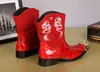 Zachodni kowbojscy Mężczyźni Buty Czerwone Buty Motocyklowe Mężczyzna Medium Długie Buty Piade Toe Red Leather Botas Hombre, Duże rozmiary US6-12, EU38-46