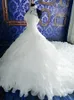 Halter High Neck Ball Gown Wedding Dress with Appliques Pearls Watteau Train Tiered Ruffles Organza Lace Applique Beaded Bridal Go248V