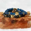 Topkwaliteit sieraden Groothandel 8mm Facet Blue and Black Agate Steen Kralen met Pvd Plated Lion Head Armbanden voor Mannen