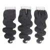 Dziewiczy Peruwiański Ludzki Włosy Top Zamki Koronkowe Bezpłatne Części 4 "X4" Brazylijski Body Wave Koronki Koronki Kawałek Natural Black 1B Soft Remy Hair