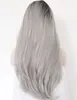 Perruque Lace Front Wig synthétique 2 tons gris ombré, perruques de remplacement avec racines foncées, longues et lisses naturelles, gris argenté, pour femmes, chaleur Resi9876803