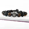 Potężna Biżuteria Przyjaźń Hurtownie Black CZ okrągłe New Skull z 10mm Lawa Bronzite Tiger Eye Kamienne Koraliki Makrame Bransoletka dla mężczyzn