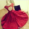 2017 Modest Red Lace Cocktail Dresses Jewel Sheer Neckline Cap Sleeves Short Party Dresses Evening Wear Back Open Hollow Homecoming Dress