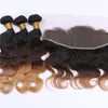 Ombre peruviane 3Bundles dei capelli umani con chiusura frontale del merletto 13x4 # 1B / 4/27 Ombre bionde del miele dell'onda di corpo delle trame dell'onda del corpo con frontale