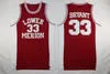 Herren Vintage 33 Bryant Lower Merion High School Basketballtrikots Rot Schwarz Weiß Genähte Hemden S-XXL