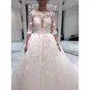 Vintage Wedding Dresses Bridal Gowns Berta Lace Beaded Sheer Neck 3 4 Sleeve 3D Floral Applique Flowers Chapel Train Wedding Gown