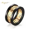 Trendy Greek Key Rings Jewelry Men's Titanium Steel Gold-Color Ring with Highly Polished Black Accent Charm Ring R-170