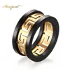 Trendy Griekse sleutelringen sieraden heren titanium stalen goudkleurige ring met zeer gepolijst zwart accent bedelring R-170