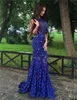 Sparkly Royal Blue Lace Evening Gowns Sequins Beaded Open Back Mermaid Prom Dress See Through Sweep Train Cocktail Party Dress
