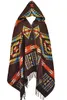 Dames Winter Aztec Hooded Tassel Etnische Boho Jacquard Button Poncho Cape Acryl Wol Sjaal 10 stks / partij