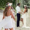 Boho Beach Hi Lo vestidos de novia 2019 Barato Spahetti encaje sin espalda Desmontable falda Jardín vestido de novia por encargo