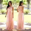 Blush Lace Bridesmaid Dresses Jewel Sleeveless Wedding Guest Dress Sheer Zipper Back Sweep Train Chiffon Formal Evening Gowns