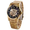 Merk winnaar Luxe Black Skeleton Romeinse nummer Zelfwind Mechanische Horloges Golden Case Band voor Mannen Beste Gift