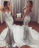 Bling Sequined Mermaid Prom Dresses Chic V Neck Spaghetti Pasek Sexy Backless Suknie Wieczorowe Party Suknie Fishtail Beach Druhna Holiday