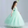 Mint Green Elegant Tulle spetsblomma Girl Wedding Dress Ankel längd Applices Bead Kids Party Prom Dress First Communion Dresses6797938