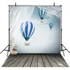 Blue and White Air Balloons Sky Wall Photography Backdrop Soft Tulle Curtain Newborn Baby Kids Children Photo Background Wood Texture Floor