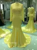 실제 사진 노랑 Mermiad 댄스 파티 드레스 섹시한 레이스 Applique 긴 소매 새틴 정장 이브닝 파티 가운 사용자 정의 만든 플러스 크기