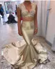 V Neck Champagne Gold Two Piece Mermaid Long Prom Dress Beaded Lace Satin Women Formal Evening Party Gown Custom Made Plus Size