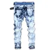 Mäns jeans grossist- 2020 NY HOT SALE MORUANCLE MENS RIPPAD PATCHWORK JOGGERS Fashion Male Blue Denim Pants Tryckt nödställda tvättade byxor