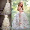 Renkli Nakış Çiçek Kız Elbise Uzun Kollu Balo Çiçek Kız Elbise Jewel Boyun Tül Pretty Girls Pageant Elbise Communion Dres