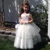 Cute Satin Tulle Hand Made Flower Jewel Sleeveless Floor Length Tiers Beautiful White Flower Girl Dresses