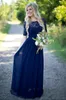 Abiti da damigella country hot long per matrimoni blu navy viola chiffon maniche corte in pizzo perline lunghezza cameriera di abiti d'onore