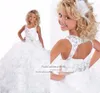 Weißes Organza-Ballkleid-Blumenmädchenkleid für Hochzeit, quadratischer Ausschnitt, Perlenkristall, Mädchen-Festzug-Kleid für Kinder, Abschlussball, Party, Gowns219j