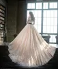 Champagne A-Line Wedding Dresses Bateau Long Sleeves With Lace Applique Wedding Gowns Tiered Ruffles Custom Made Bridal Dresses Long Train