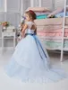 First Communion Dresses for Little Girls 2019 Licor with Sash and Lace Up Back Appliques Tulle Light Sky Blue Girls Birthday Dress