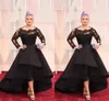 Red Carpet Prom Dresses Scoop Black Sheer Neck High Low Long Sleeves Evening Gowns Lace Appliques Custom Made Plus Size Party Dress