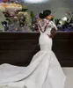 럭셔리 2019 아프리카 인어 웨딩 드레스 긴 소매 섹시한 깎아 지른 높은 목 스파클 비즈 레이스 새틴 나이지리아 예배당 신부 가운 플러스 사이즈