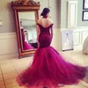 Elegancki Burgundia Syrenka Długie Suknie Wieczorowe Koronki Aplikacja Formalne Suknie Wieczorowe Arabskie Dubaj Kobiety Wieczór Party Dresses Custom Made Tulle