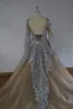 100% image réelle robes de mariée robe de bal scintillante pure cou paillettes perlées tulle manches longues robes de mariée dos nu robe de mariée grande taille