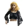 2017 New Fahion Women's Lolita Halloween Lace Mesh Rose Floral Sleeves Costume Short Corset Crop Top Blouse Shirt Scoop Neck Solid Color