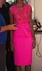 Fushia Lace And Satin Evening Gowns Sexy See Through Sheath Prom Dresses Knee Length Sleeveless Cheap Cocktail Party Dress